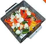 Cave Tools Vegetable Grill Basket - Dishwasher Safe Stainless Steel - Large Non Stick BBQ Grid Pan for Veggies Meat Fish Shrimp & Fruit - Best Barbecue Wok Topper Accessories Gift for Dad