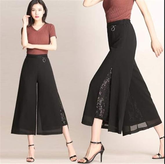 Amazon 選べる2type 美脚効果 サイドレース シフォンワイドパンツ ガウチョ スリットワイドパンツ 高見え オフィス カジュアルきれいめ 通勤 シンプル ロングパンツ 通販