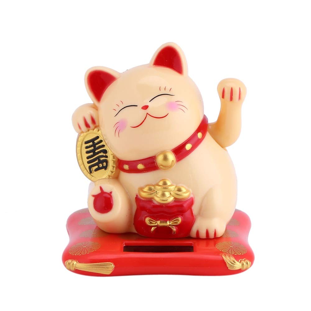 Nikou Waving Cat Solar Powered Lucky Cat Waving Arm Wealth Welcoming Cats Home Car Decor(Beige, Black, White) (Color : Beige)