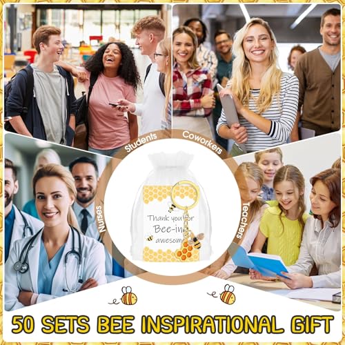 25 Sets Bee Employee Appreciation Gift Inspirational Bee Keychains Thank You Cards Organza Bag Cute Gifts for Coworker