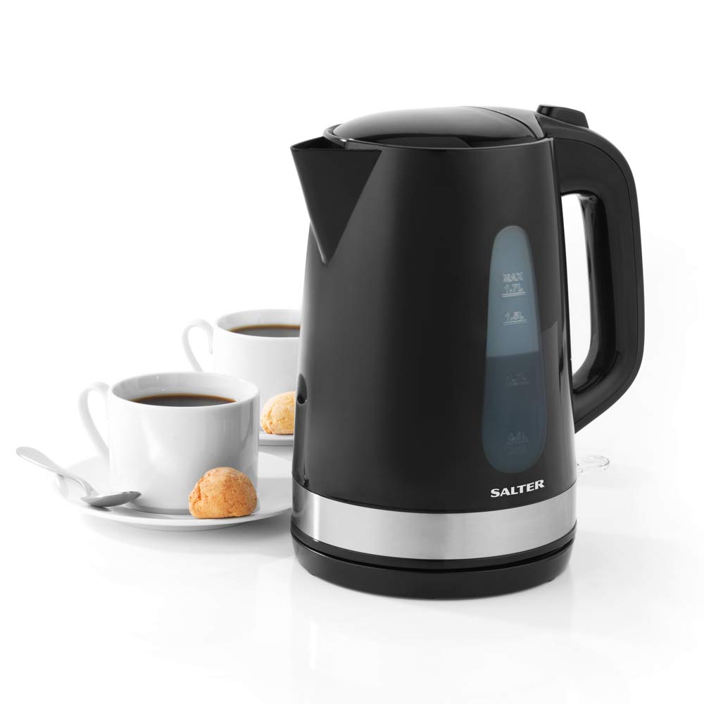 Salter EK2898 Deco Electric Kettle – Fast Boil 1.7 L Capacity, Limescale Filter, Water Level Indicator, Auto Shut-Off and Boil Dry Protection, Swivel Base, Stainless Steel Accents, Black, 3000W