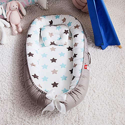 Portable Detachable Baby Lounger,100% Soft Cotton Breathable Washable Anti Slip Crib,Baby Cartoon Animal Cotton Removable Washable Travel Bed, for 0-36 Months Newborn Baby (Blue star)