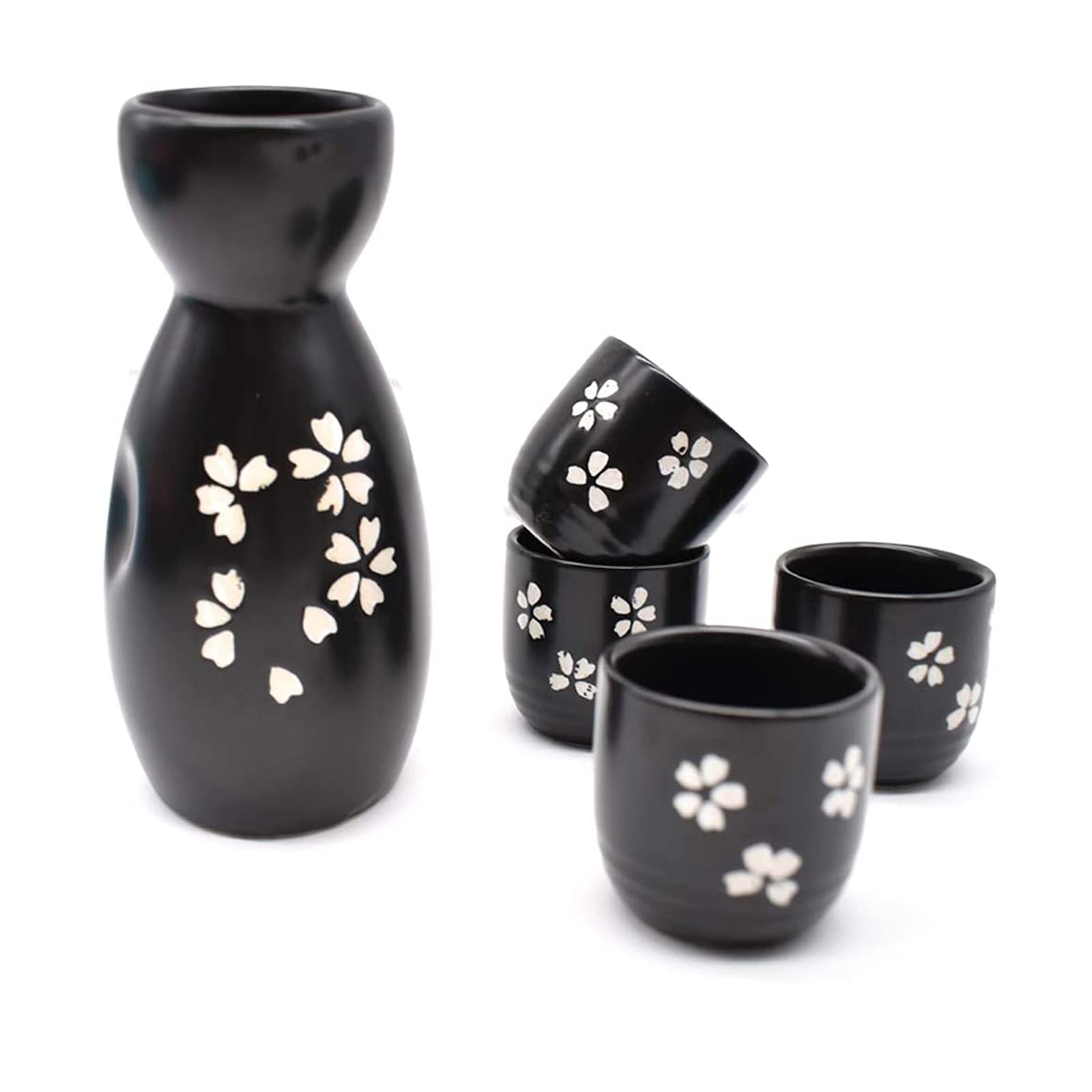 Spldsun 1 set / 5 pieces Japanese cherry blossom sake set, Japanese ceramic sake cups, used in some Japanese tea restaurants, households etc. (black)