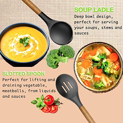 Kitchen Utensil Set, 27Pcs Cooking Utensils Set, Silicone Kitchen Tools, Wooden Spatula Set Non-stick Cookware Turner Tongs Spatula Spoon Kitchen Gadgets with Holder, BPA FREE-FDA APPROVED - Thumbnail 5