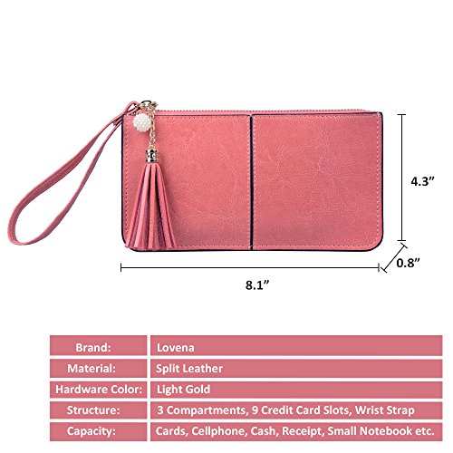 Lovena Soft Leather Wristlet Smartphone Zipper Wallet Tassel Wristlet (Light Carmine Pink)