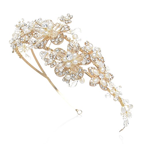 SWEETV Retro Double Band Headband Gold Pearl Rhinestone Hair Band Bridal Hair Accessories