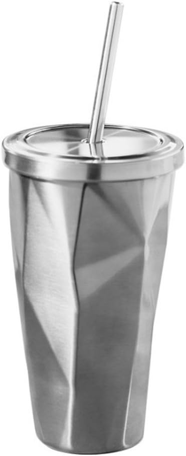 BESTOMZ Stainless Steel Tumbler with Straw and Lid Flask with Double Wall Coffee Irregular Water Drink 500 ml (Steel Color)