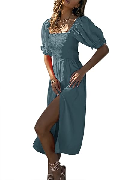 WOMEN’S SUMMER CASUAL PUFF SLEEVE DRESS SQUARE NECK SMOCKED OFF SHOULDER BOHO SIDE SPLIT MIDI DRESSES