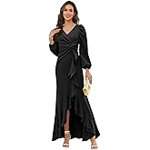 Jgogm Long Sleeve Mother of The Bride Dresses for Women V Neck Pleated Ruffle Mermaid Bridesmaid Dresses with Slit