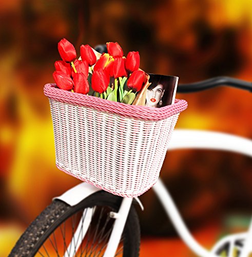 Colorbasket 00689 Rectangular Front Handle Bar Adult Bike Basket, All Weather, Water Resistant, Adjustable Leather Straps, Food-Contact Safe, White with Pink Trim