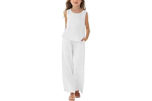 Girls Cotton Linen Outfits Sleeveless Crew Neck Shirt Tops Baggy Pocket Pants Teen Girls Summer Casual Linen Set