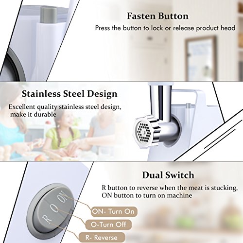 Meat Grinder Electric Stainless Steel Sausage Maker, Meat Mincer Sausage Stuffer with Grinding Plates for Home Use (White)