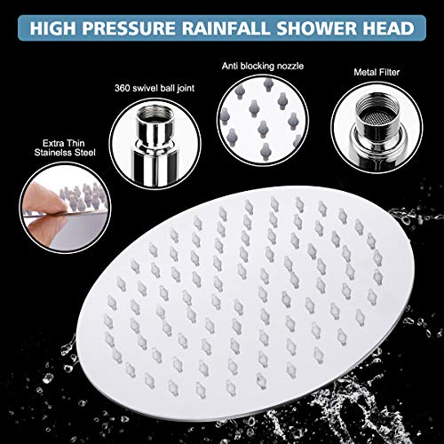 8 inch High Pressure Shower Head Stainless Steel Rainfall 3 Settings Handheld Shower Head Combo with 60\'\' Hose – Chrome Finish With Strong Suction Holder Flow Regulator 4 Shower Hooks