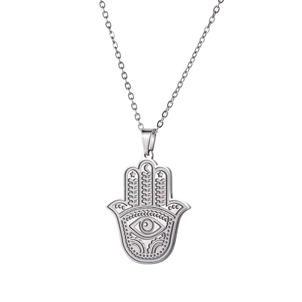 cooltime Womens Necklace Stainless Steel Hamsa Hand of Fatima Evil Eye Pendant Necklace Good Luck Success Amulet (Style 1)