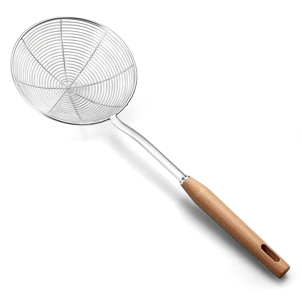 Spider Skimmer Ladle with Wooden Handle, Wire Skimmer Strainer Slotted Spoon for Kitchen Pasta Spaghetti (6.3 Inch/16CM)