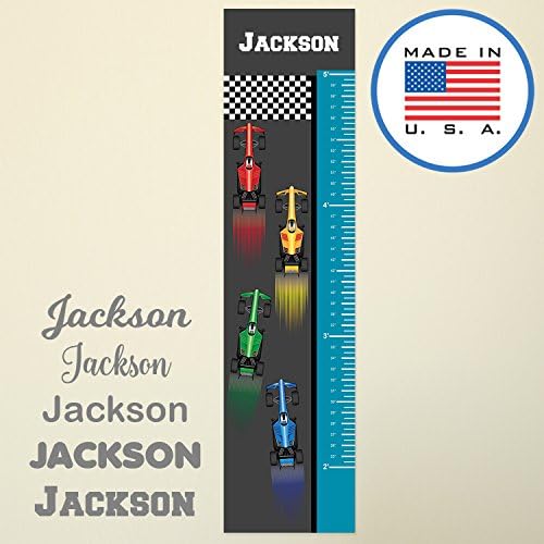 WallClipz Personalized Growth Chart FABRIC Wall Decal, Race Cars with Name, Height Ruler Measurement, Peel and Stick Auto Racing Formula One Kids Measuring, MADE IN USA