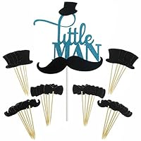 Shxstore Little MAN Cake Topper Mini Mustache Hat Bowtie Cupcake Picks For Baby Shower Birthday Party Decorations Supplies, 31 Counts