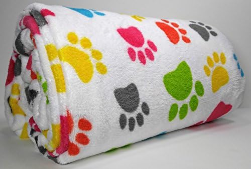 Fun Print Soft Cozy Lightweight 50 x 60 Fleece Throw Blanket (White With Colorful Paws)