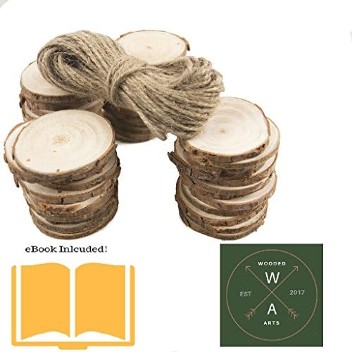 Wood Slices 25pcs - 2.3-2.7 Inch, Natural, Unfinished, Predrilled, Natural, Round, Log Discs - 30 Feet Natural Jute Twine for DIY Craft Project, Christmas Ornament &amp; Wedding Decor - eBook Included