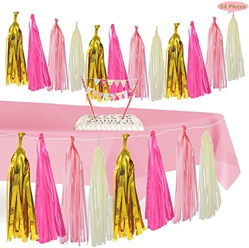 Pink and Gold Decoration Supplies Kit- Happy Birthday Banner of Cake Topper Tissue Tassel Garland Table Cover for 1st Party Girl Decor, Decorate for Princess/ Unicorn/ Nursery/ Festive Theme, 34 Piece