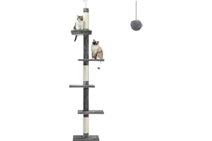 PETEPELA Cat Tower 5-Tier Floor to Ceiling Cat Tree Height(95-107 Inches) Adjustable, Tall Climbing Tree Featuring with Scratching Post, Cozy Bed,Interactive Ball Toy for Indoor Cats/Kitten Grey