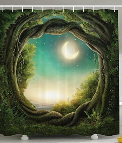 Bathroom Decor with Greenery Trees Shower Curtain Fairy Decor in Artistic Artwork Kids Girls Boys and Family Art Enchanted Forest Full Moon High Quality Fabric Bath Accessories Teal Green Cream