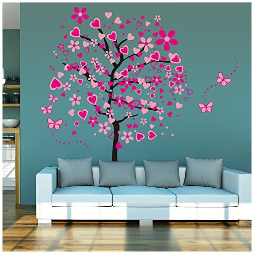 ElecMotive Huge Size Cartoon Heart Tree Butterfly Wall Decals Removable Wall Decor Decorative Painting Supplies & Wall Treatments Stickers for Girls Kids Living Room Bedroom