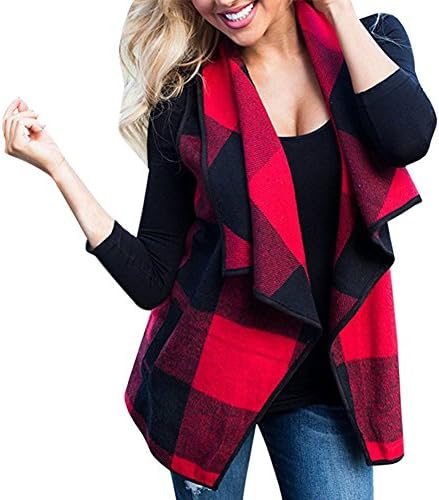 Chns Womens Open Drape Front Plaid Sleeveless Cardigan Waterfall Shawl Collar Fringe Vest Coat