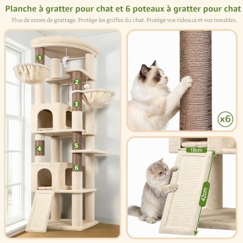 Globlazer Beige XXL Cat Tree Corner for Large Cats 204 cm with 2 Large Kennels 45 x 30 x 30 cm, Huge Platform, Sisal Board, Basket, Stable Cat Trees Indoor Rest Scratching Playing (C80, Beige)