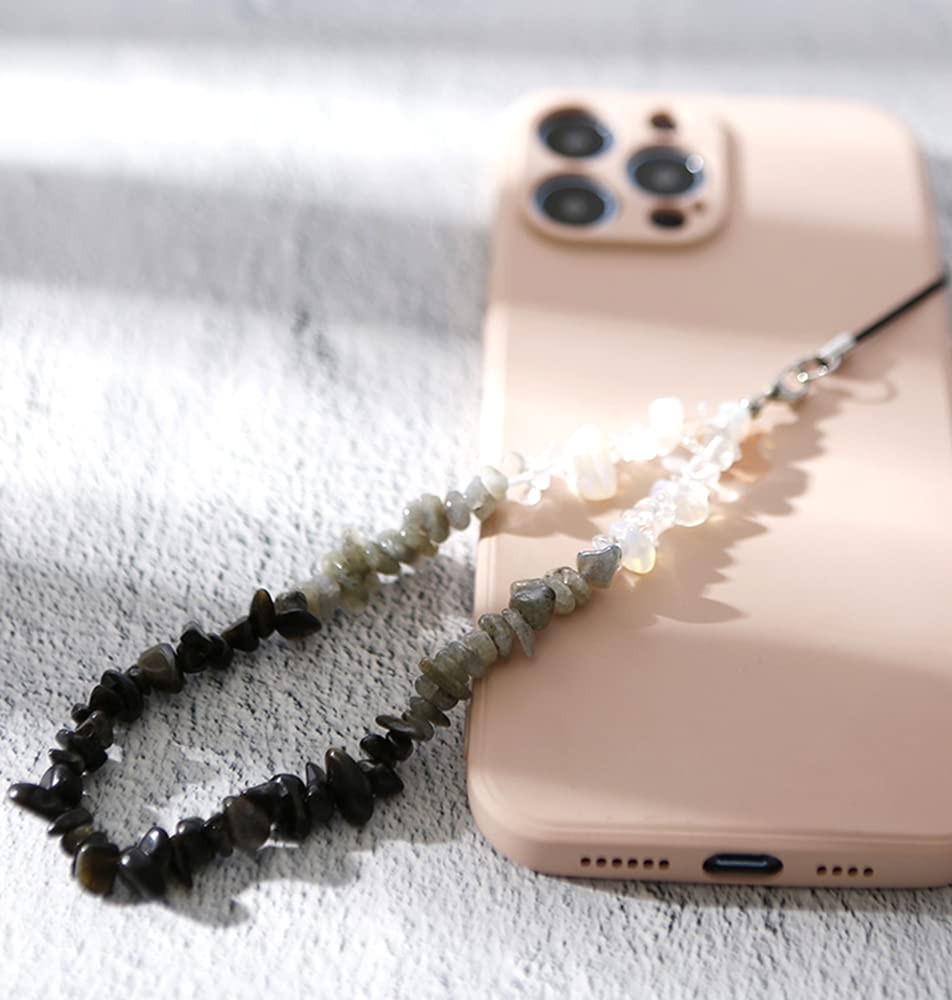 Gradient Natural Crystal Stone Gravel Mobile Phone Chain,Universal Mobile Phone Hand Strap Mobile Phone Charm Wrist Mobile Phone Lanyard Beads Chain Key Bags Mobile Phone Pendant,Black