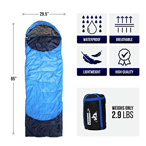 Outdoorsman Lab Sleeping Bag | Lightweight Backpacking & Camping Sleeping Bag for Adults & Kids | 3 Season, Durable Ripstop Nylon, Tear & Water-Resistant Shell | Includes Compression Sack (Sky Blue)