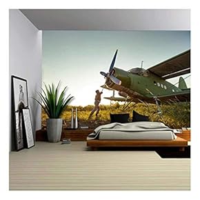 Pilot is Starting Engine of Vintage Plane Rural Background - Removable Wall Mural | Self-Adhesive Large Wallpaper - 66x96 inches