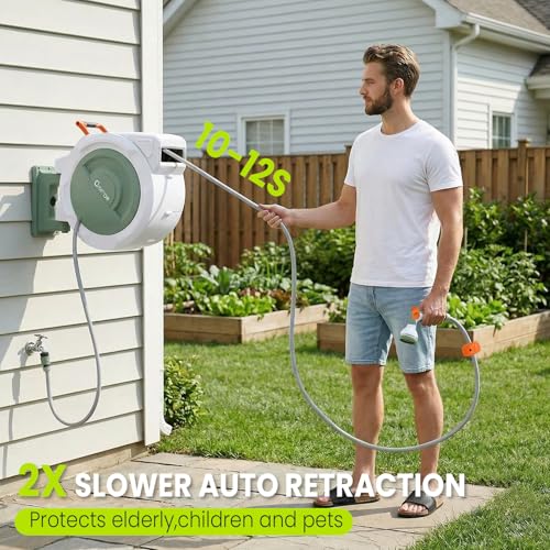 Bietor Retractable Garden Hose Reel, 1/2“ x 45m+2m Upgraded UV Resistant Heavy Duty Wall Mounted Hose Reel with 10 Patterns Nozzle, Any Length Lock, Slow Return System, 180°Swivel Bracket