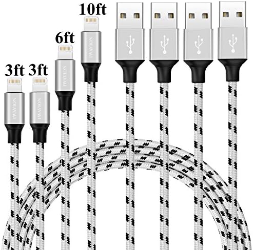 iPhone Charger, IWAVION 4pack 3ft 3ft 6ft 10ft Ultra Nylon Braided Cord Lightning to USB Cable Compatible with iPhone 7/7 Plus/SE/6S/6/6 Plus/6S Plus/5S iPad Air/Mini/iPod Nano/Touch – Black&amp;Silver