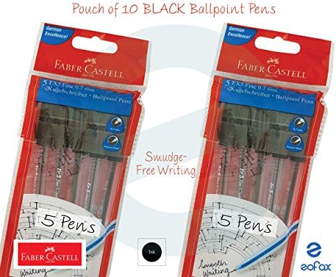 FABER CASTELL - 10 x 0.7mm BLACK Ballpoint Pens Smudge Free Writing Quick Drying