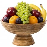 Mela Artisans Mango Wood Footed Fruit Bowl | 10" Scalloped Wooden Pedestal Bowl for Kitchen Counter | Snacks | Breads | Desserts | Multipurpose Decorative Riser for Dining or Coffee Table
