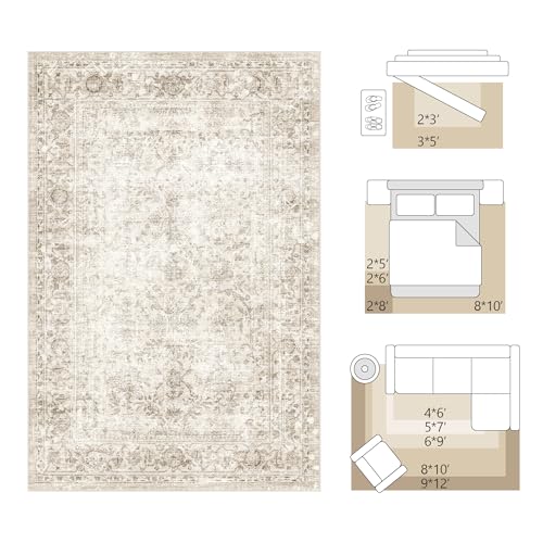 Fmfunctex 9x12 Washable Area Rug Beige Vintage Neutral Distressed Large Non Slip Carpet for Living Room Bedroom Soft Low Pile Indoor Retro Tapis Salon Throw Rug for Dining Room Kitchen Office Nursery
