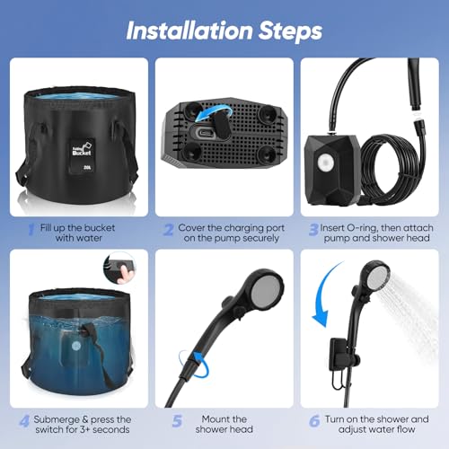 Thalyrnn Ducha portátil para Camping, 6000mAh Bomba de Ducha, 4 Modos de iluminación, Resistencia al Agua IPX8, 5 Modos rociado, Kit con Cubo Plegable 20 L – para Playa, Senderismo, Mascotas y Auto