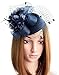 Coolwife Fascinator Hats Pillbox Hat British Bowler Hat Flower Veil Wedding Hat Tea Party Hat (B Navy Blue)