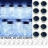 Upgraded Solar Mason Jar String Light Lids, 10 Pack 20 LED Fairy Firefly String Light Inserts with 10 Hangers Starry Lighting, Waterproof and Rust Resist for Patio Lawn Garden Wedding (Cool White)
