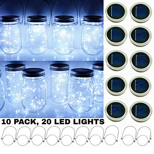 Upgraded Solar Mason Jar String Light Lids, 10 Pack 20 LED Fairy Firefly String Light Inserts with 10 Hangers Starry Lighting, Waterproof and Rust Resist for Patio Lawn Garden Wedding (Cool White)