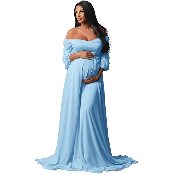 Sevintage Aqua Baby Shower Maternity Dresses for Photoshoot Fall Long Sleeve  Flowy Pregnancy Dress for Photograph S-M at Amazon Women's Clothing store