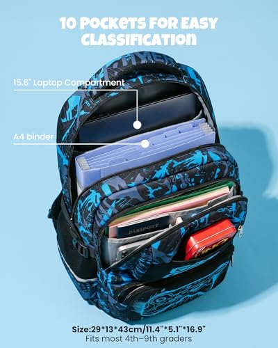 Amythe 3-Piece Luminous Backpack for Boys and Girls, Waterproof Durable School Bag, Children's School Bag with Lunch Bags and Large Capacity Pencil Case for Travel, Blue