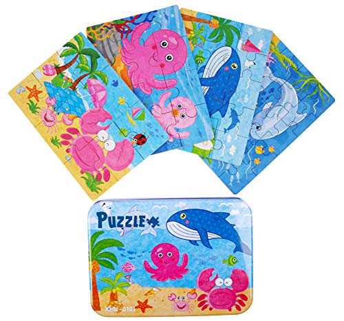 Vileafy Marine Organism Series Jigsaw Puzzle Sets, 4-Pack 4 Complexities, Best for 3-5 Years Old Babies to Develop Dexterity and Problem Solving, Free Iron Box for Easy Storage, 6 1/2" X 4 1/2".