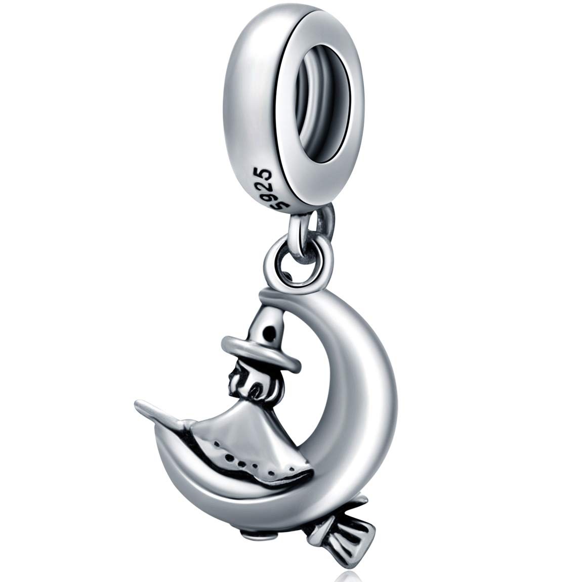 Little Witch Riding Broom Charm Pendant, Fit Pandora Halloween Bracelet, 925 Sterling Silver Wizard on Broomstick Dangle Bead, Gift for Children/Daughter/Son
