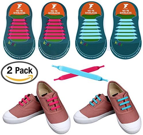 No Tie Shoelaces for Kids and Adults, YUANFENG Tieless Elastic Silicone Waterproof Flat Athletic Running Shoe Laces (Kids Size-Sky Blue+Pink)