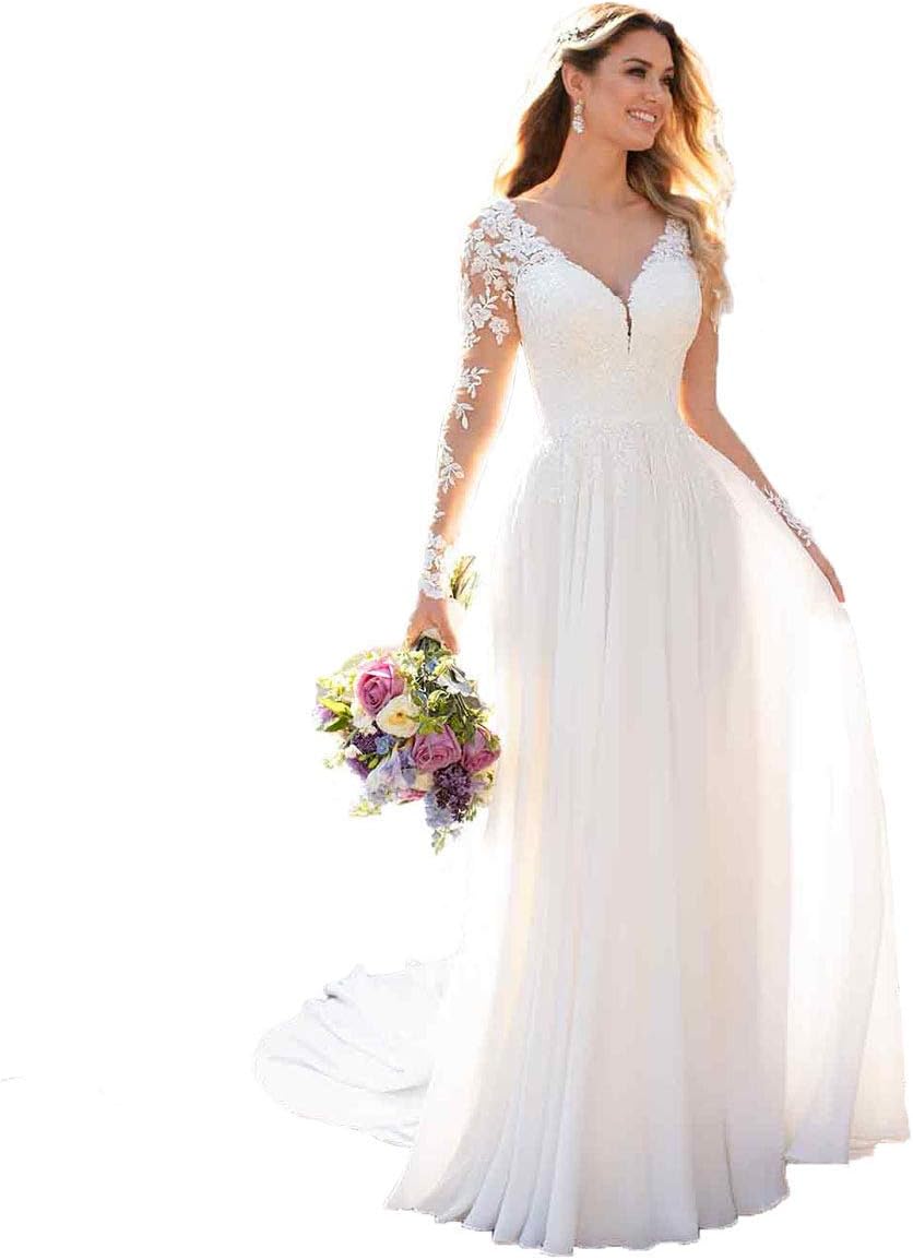 Women's Beach Wedding Dresses with Long Sleeves Boho Chiffon Lace Bridal Gown 2019