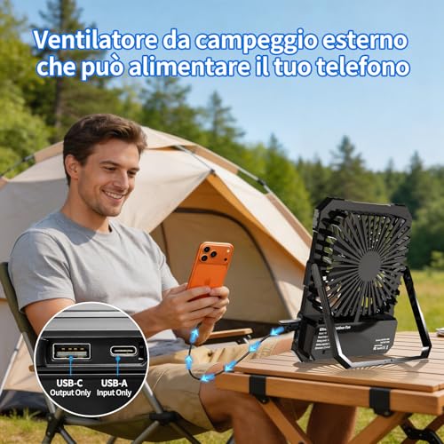 20000mAh Battery Powered Portable Camping Fan, 8 Inch Rechargeable Travel Fan, Up to 82 Hours Battery Life, Suitable for Bedroom, Outdoor