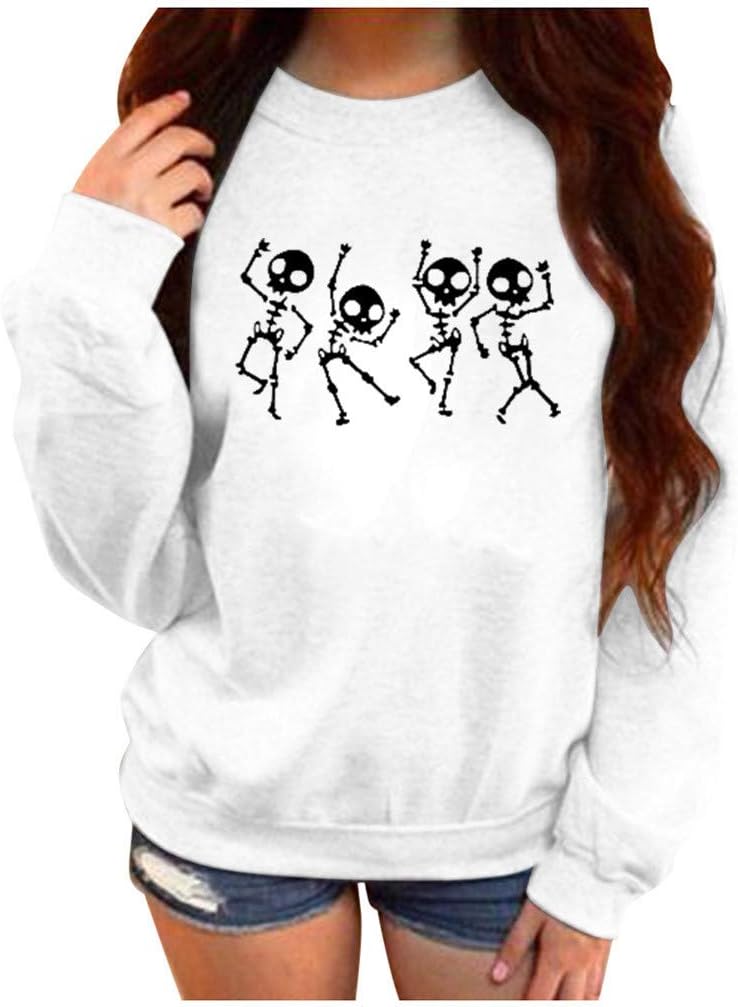 Whycat Skull Dance Crew Neck Sweatshirt Women, Long Sleeve Pullover Sweatshirt, Solid Colour Winter Gothic School College Girl Sweatshirt Tops