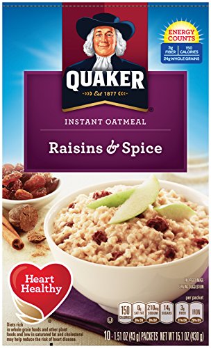 Quaker Instant Oatmeal, Raisin & Spice, Breakfast Cereal, 10 count , 1.51 oz Packets Per Box (Pack of 4)